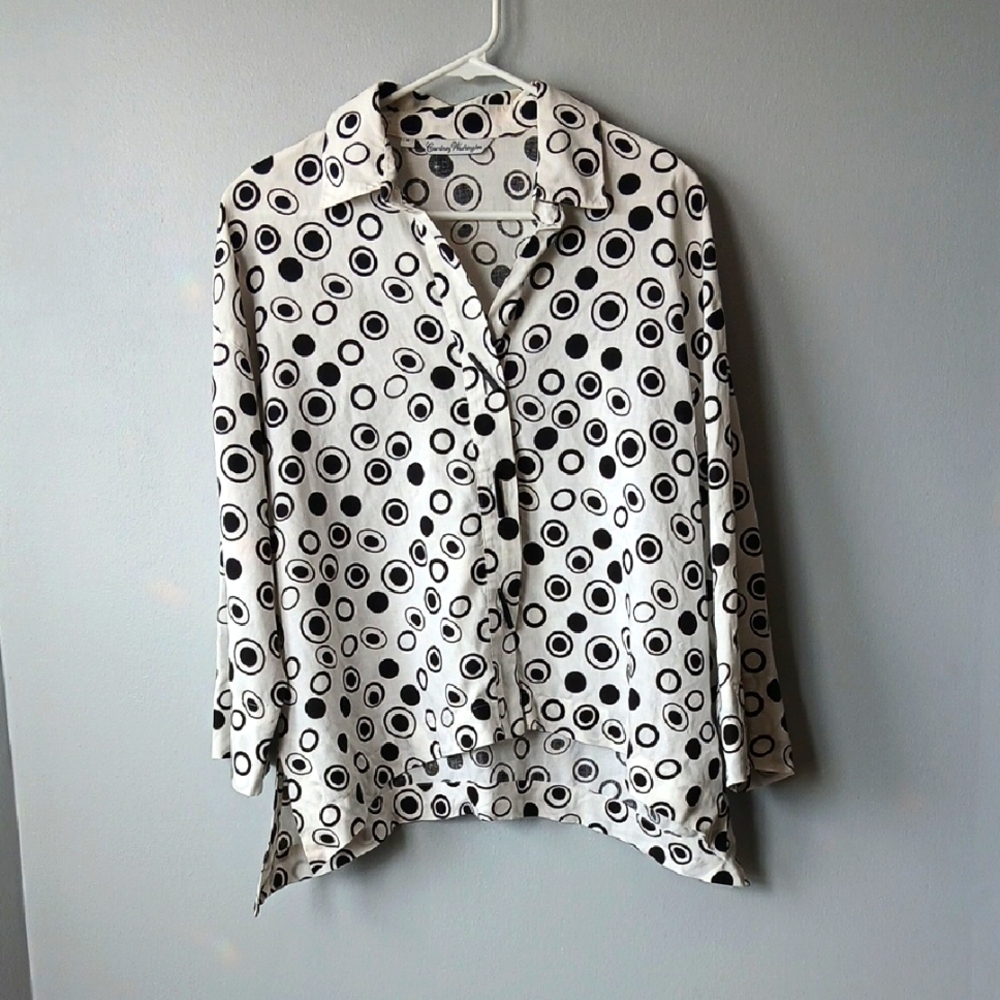 Courtney Washington Linen Black and White Polka Dot Blouse Womens Medium